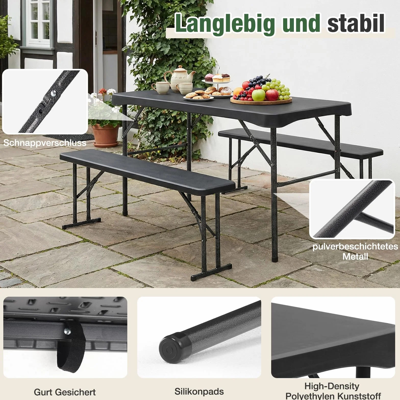 Sekey Ensemble de tentes à bière Pliables en Plastique - 113 x 61 cm - avec 2 bancs pour 4 Personnes - Ensemble de chapiteau pour l'intérieur et l'extérieur - Table à bière de Jardin (Noir)
