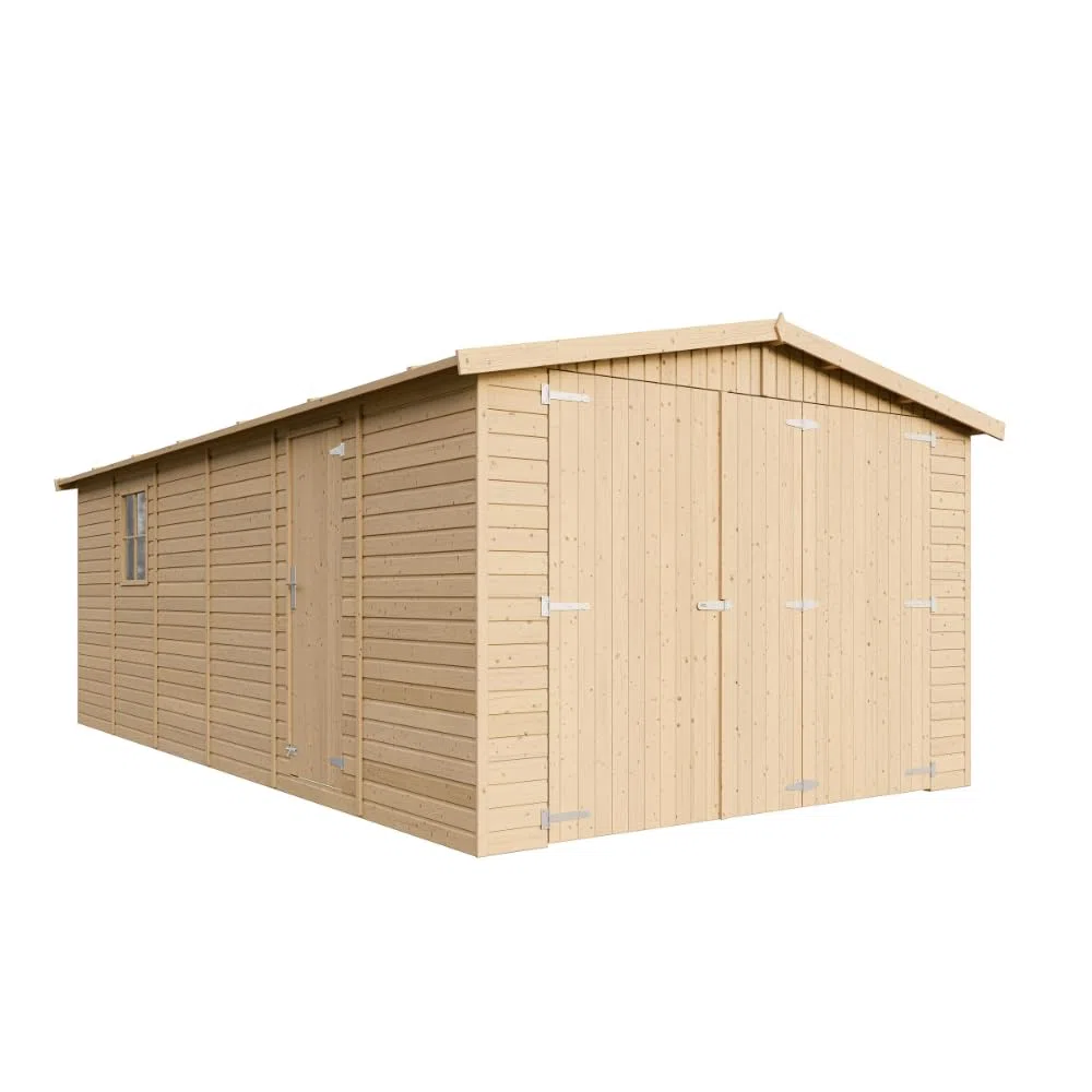 Garage de Jardin Bois Naturel - Abri de Jardin - Chalet en Pin/épicéa- H222X616x324 cm/18 m² - Construction de Panneaux- Rangement pour vélos, Remise à Outils - TIMBELA M102