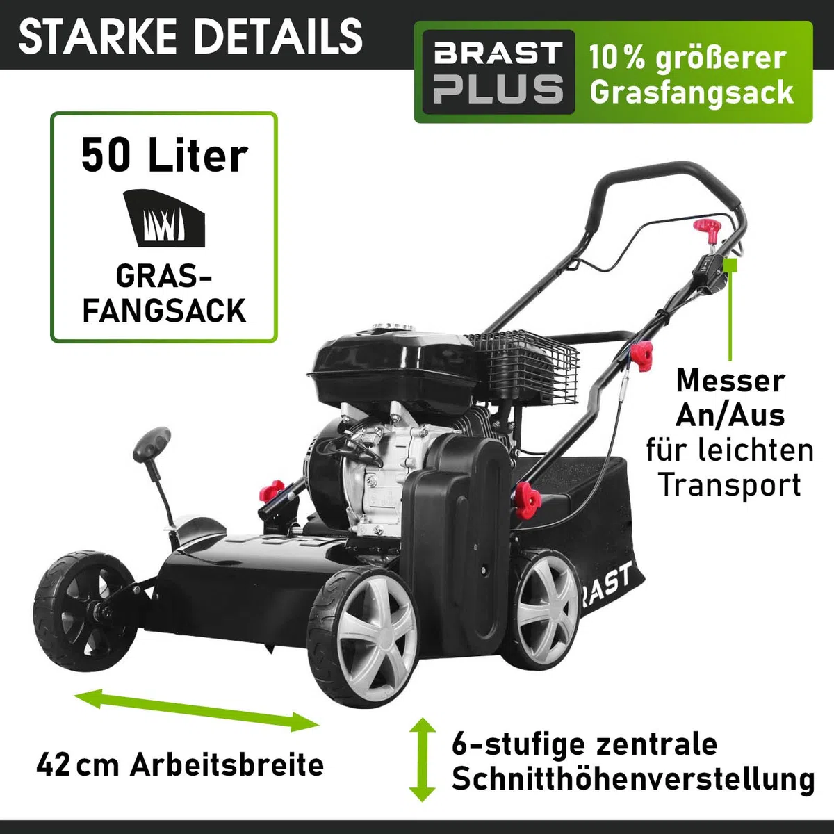 BRAST scarificateur thermique 212cc 6,12 ch Motor 4 temps, largeur de travail 42 cm - 4 MODÈLES puissances différentes - bac de ramassage 50 l, carter en metal, émousser gazon