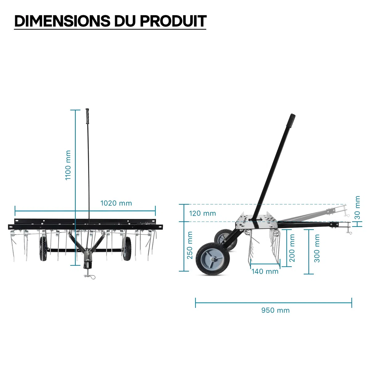 Wiltec Scarificateur Trainé Largeur de Travail 100cm Ressorts en Acier 16,5 cm Hauteur réglable 18 et 22 cm Scarificateur Poids 15 Kg Pelouse pour Tracteur Tondeuse Roues en Caoutchouc ATV