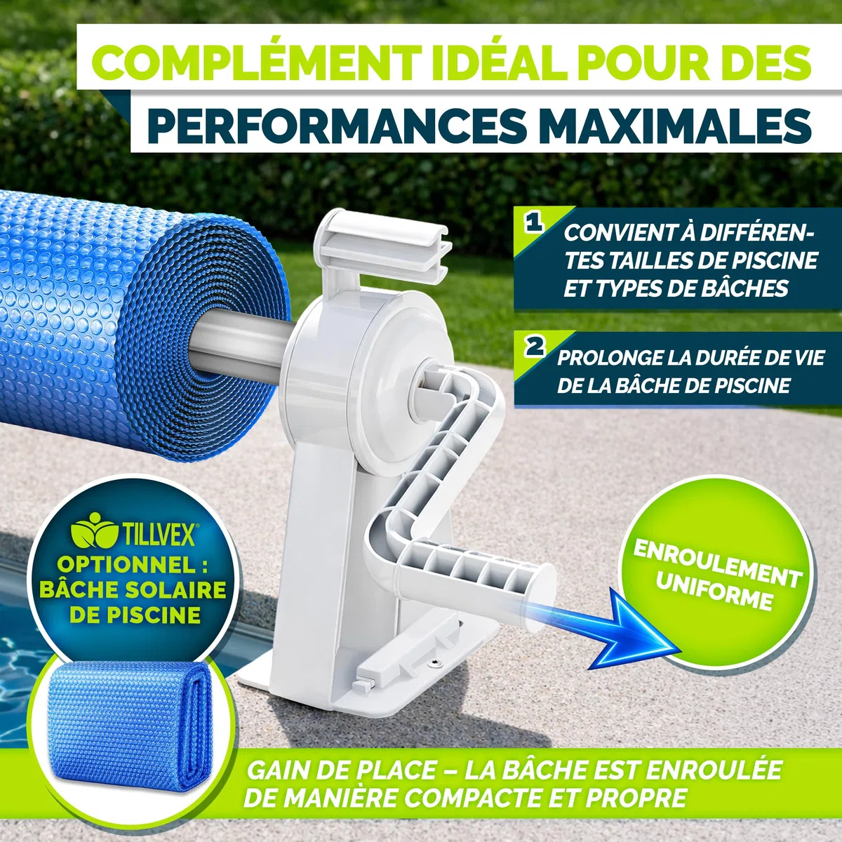 tillvex Dérouleur pour Piscine 1,05-6,15 m avec thermomètre | Système d'enroulage pour bâche Solaire | Dispositif d'enroulement Les bâches de Protection et couvertures de Piscine + Pattes de Fixation