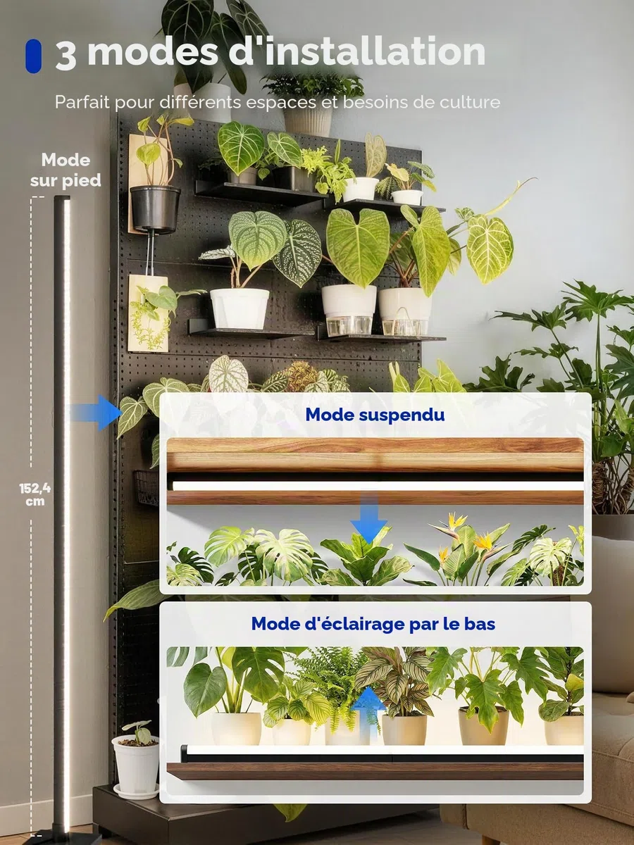 GLOWRIUM - Lampe de culture sur pied pour plantes d'intérieur, lumière verticale à spectre complet de 60 pouces, 3 modes d'éclairage, minuterie automatique, réglable à 6 niveaux, adaptée pour la