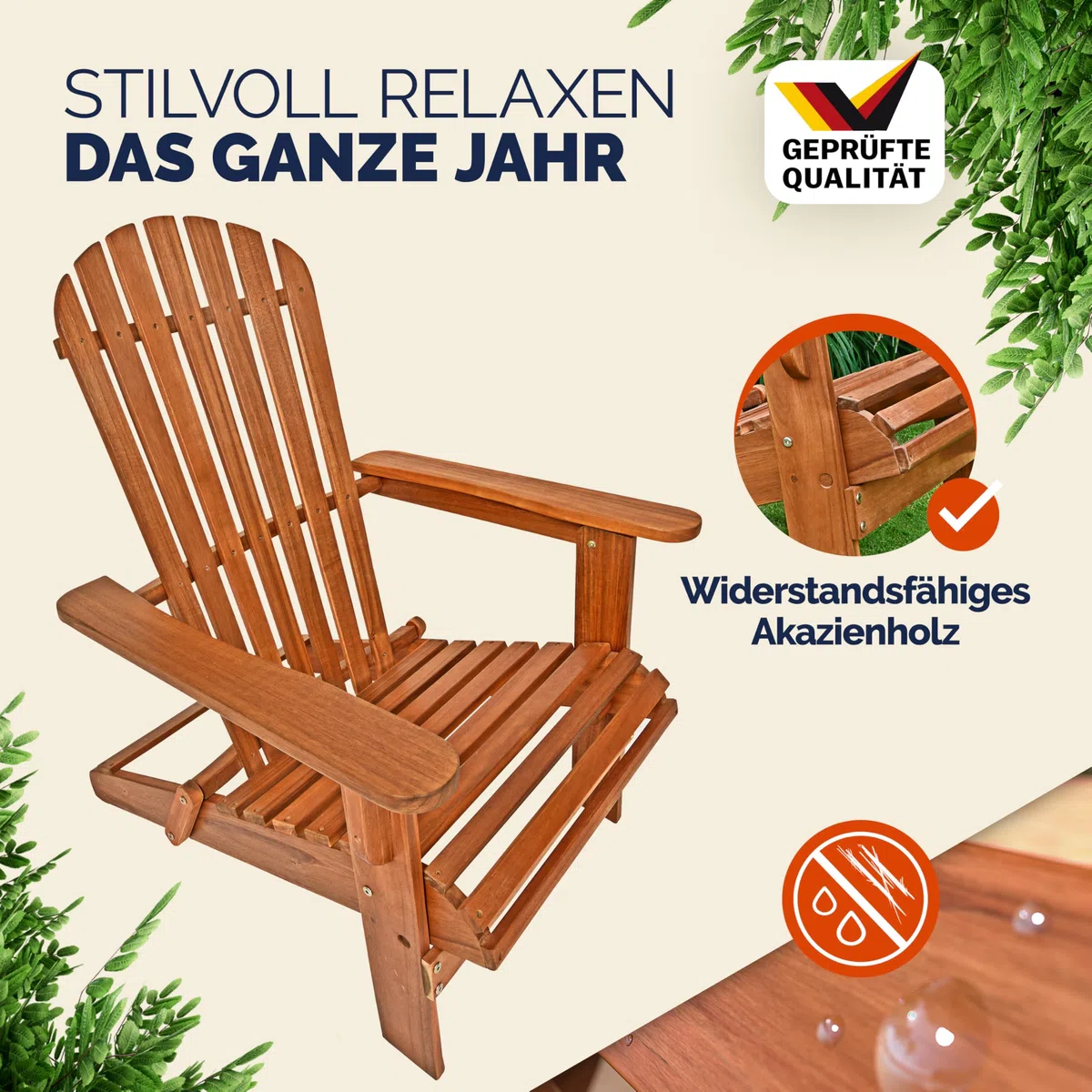 Casaria Adirondack Acacia Bois Max 160kg Résistant aux intempéries Pliable Accoudoirs Chaise Longue Balcon 84x69x94cm Chaise en Bois Ergonomique