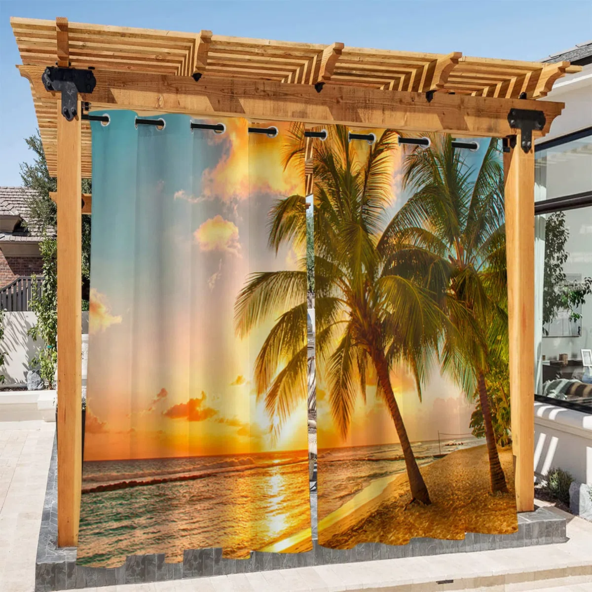 3D Rideaux d'extérieur Imperméable, Rideau Occultant Thermiques Rideau Exterieur Terrasse Rideau pour Pergola Tonnelle Cabane Jardin, 2 Pièces 132 x 213 cm, Mer Coucher de Soleil 4
