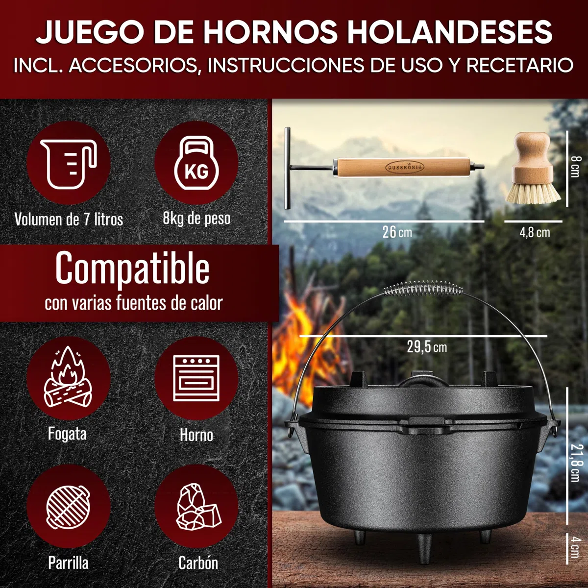 GUSSKÖNIG dutch oven Cocotte Fonte Barbecue - Cocotte Émaillée 7L avec Pieds - Chaudron en fonte - Double Fonction - Marmite fonte-Marmite feu de bois, Inclus : Brosse & Livre de Recettes[3-5 Pers.]