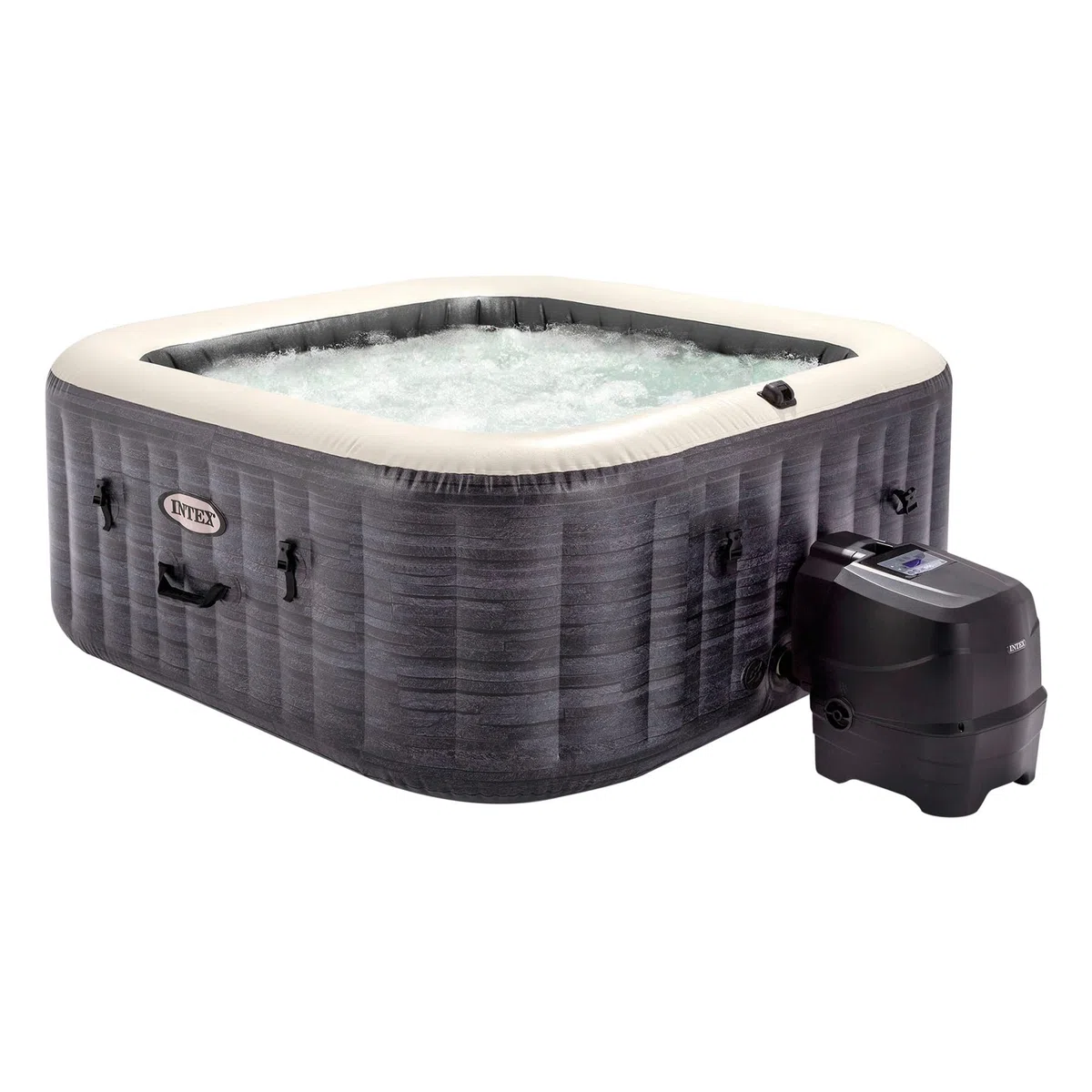 Intex Spa Gonflable carré Greystone Deluxe 4 Personnes, 175 x 175 x 71 cm, Chauffage 2 200 W, Bulles air Chaud, chlorateur salin, épurateur avec Filtre S2 (1 741 l/h), Accessoires Inclus (55093)