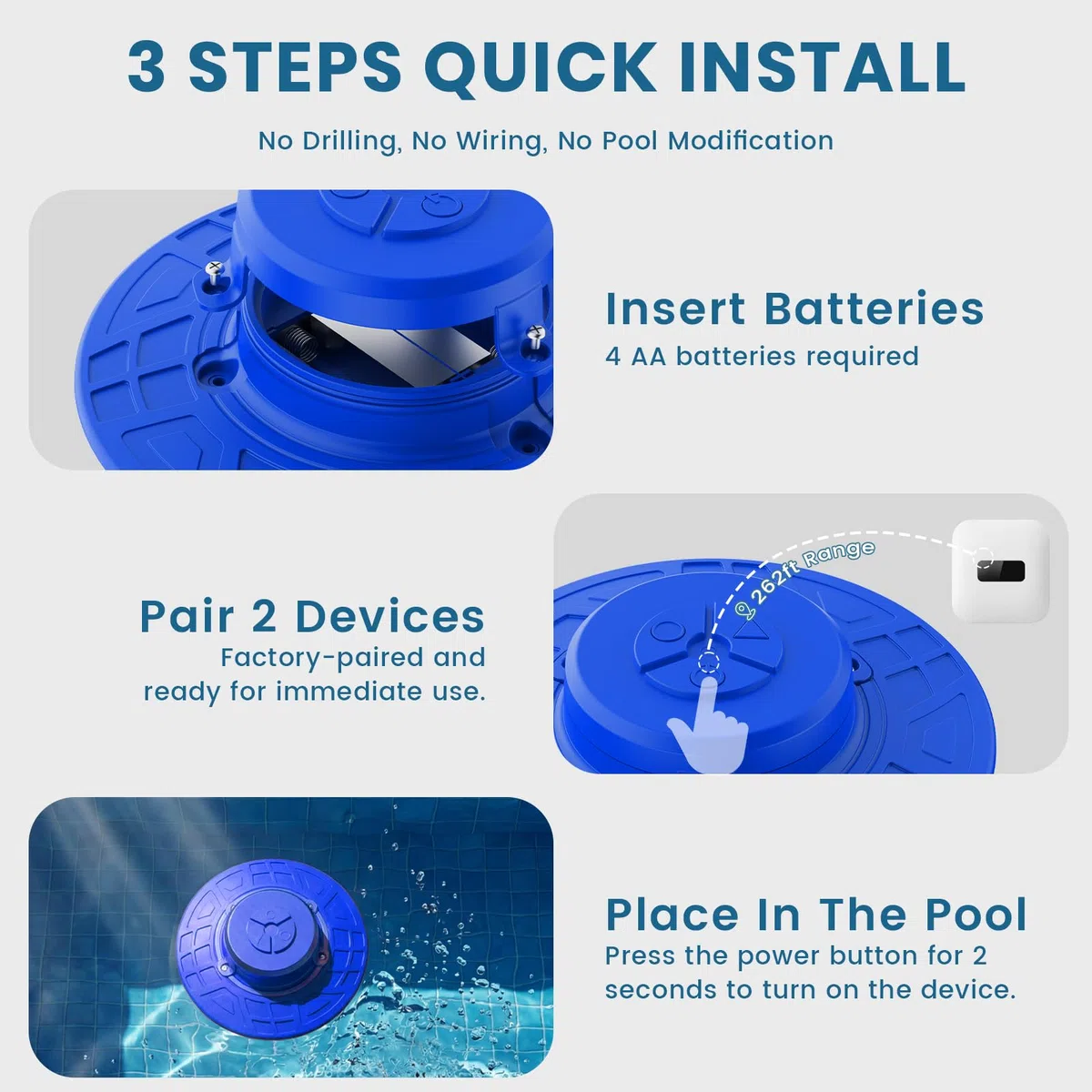 Alarme de piscine, alarme de sécurité flottante pour piscines creusées et hors sol, sirène de 110 dB étanche IP68, détection d'onde intelligente empêchant les fausses alertes, portée sans fil de 80 m