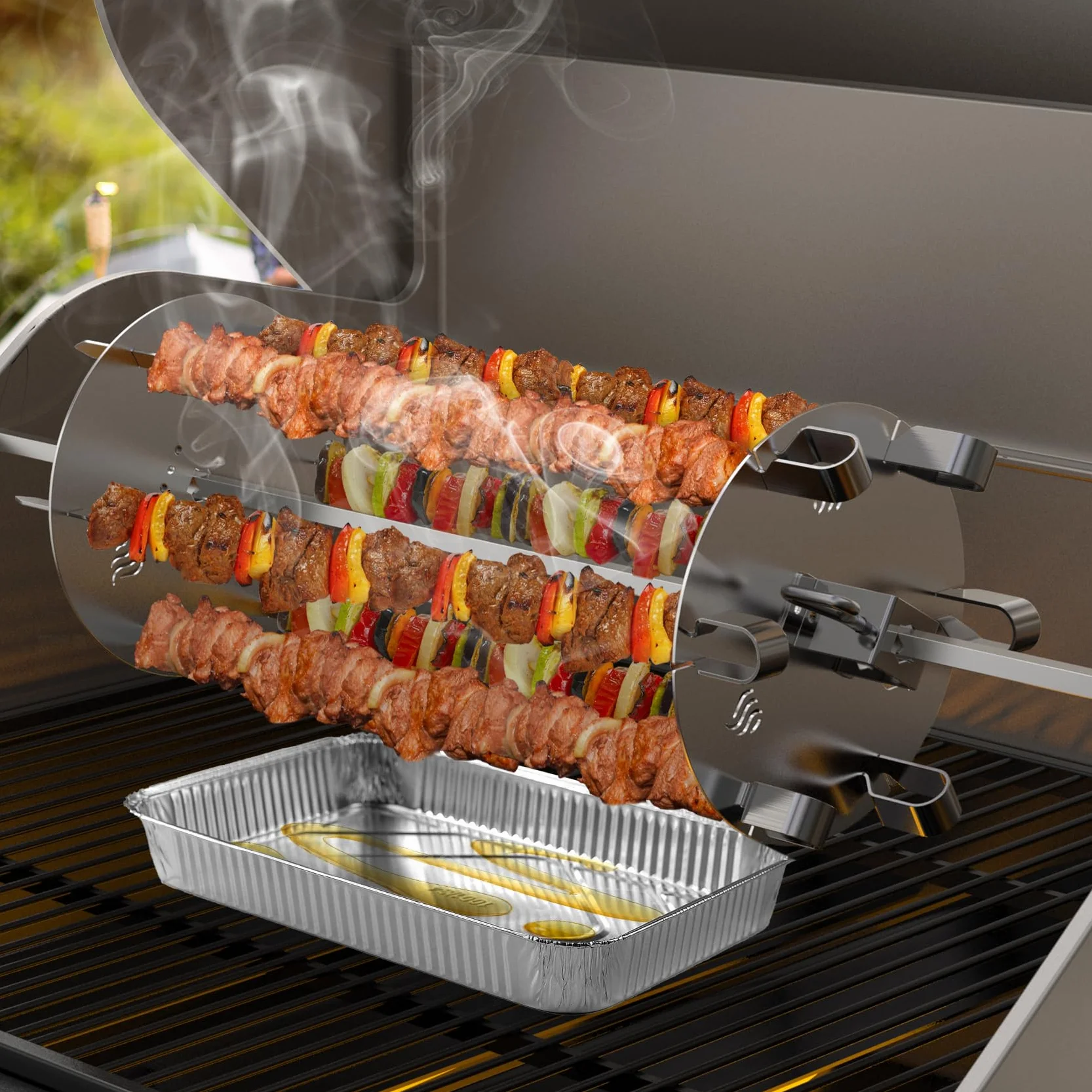 onlyfire Le Système de Brochettes Rotatifs Résistant s'adapte à Tout Gril de Rôtisserie Tournebroche pour Barbecue, Acier Inoxydable, avec 6 Brochettes 41cm Longues, Ø16cm