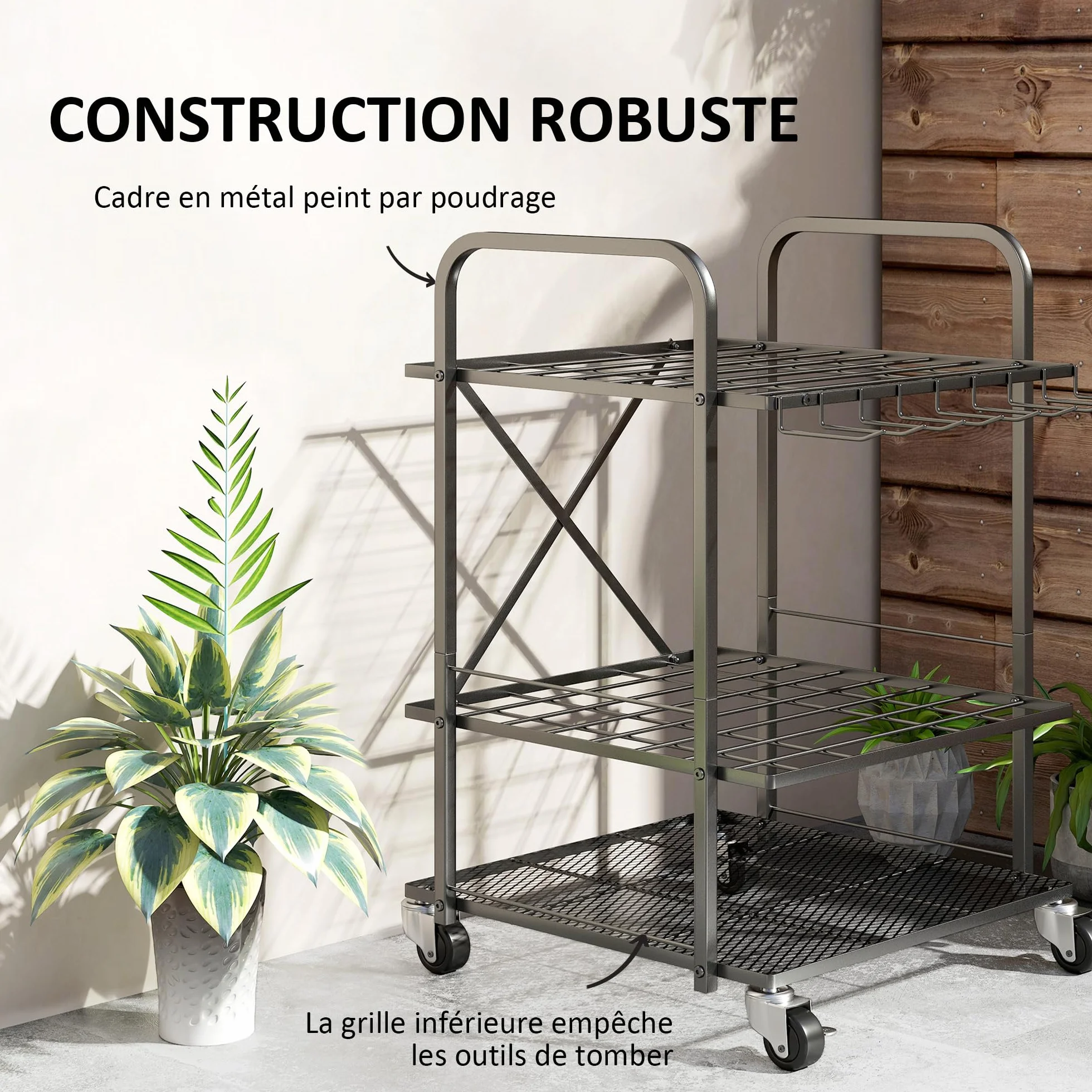 Outsunny Organisateur d'outils de Jardin avec 9 Crochets, Support à Outils de Jardin 40 Compartiments, Porte-Outils de Garage en métal sur roulettes pour sécateurs, pelles, râteaux, Noir
