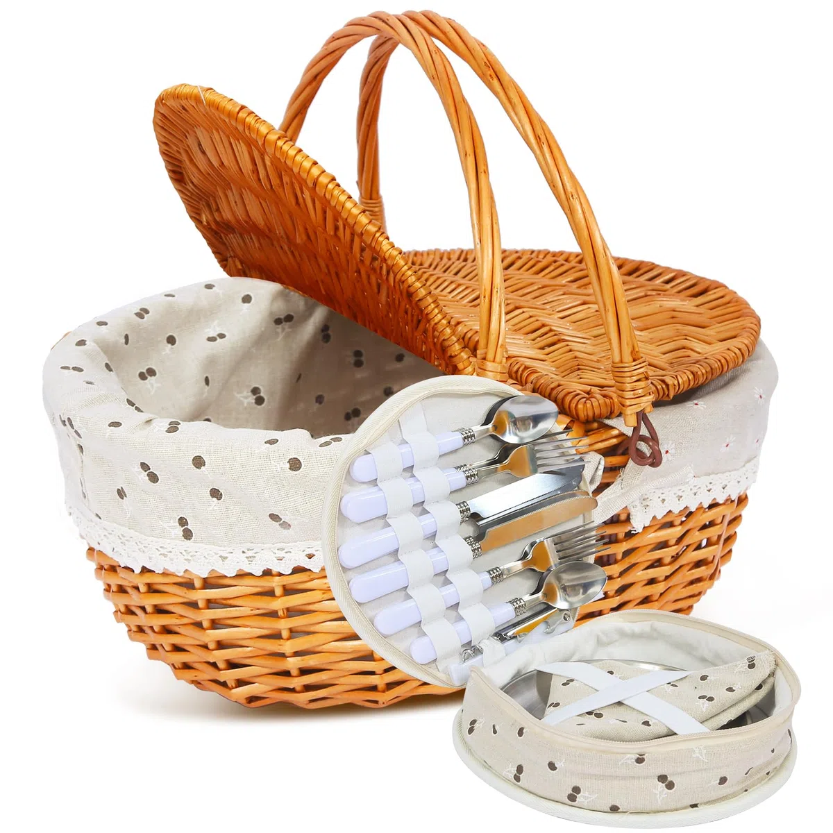 Panier de pique-nique en osier pour 4 personnes, avec couvercle et poignée, panier de pique-nique avec doublure lavable et couverts pour l'extérieur, le camping, Halloween, Noël et un