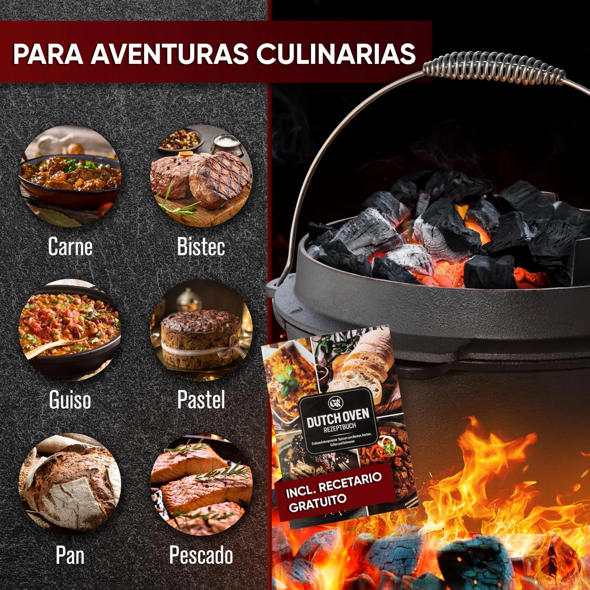 GUSSKÖNIG dutch oven Cocotte Fonte Barbecue - Cocotte Émaillée 7L avec Pieds - Chaudron en fonte - Double Fonction - Marmite fonte-Marmite feu de bois, Inclus : Brosse & Livre de Recettes[3-5 Pers.]
