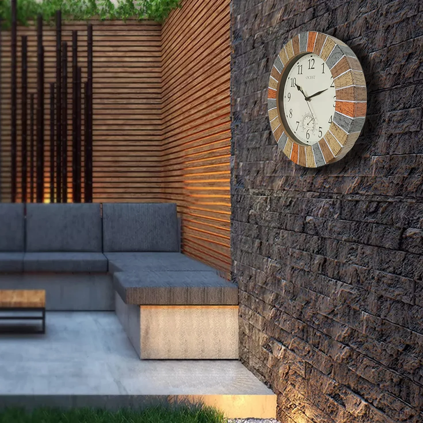 Ocest Grande horloge murale d'extérieur et d'intérieur étanche avec thermomètre, résistante aux intempéries, sans tic-tac, fonctionne avec des piles, jardin, salle de bain