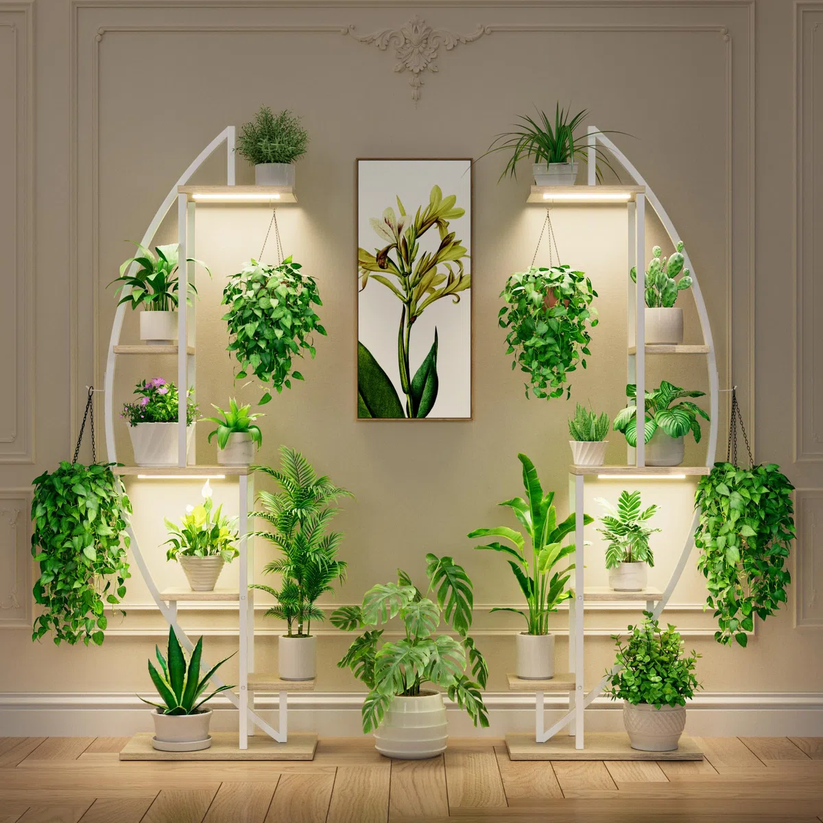 BACEKOLL Support pour plantes d'intérieur en métal Étagère haute à 6 niveaux Lampes de croissance Presentoir en demi-lune Support pour salon et terrasse - Blanc