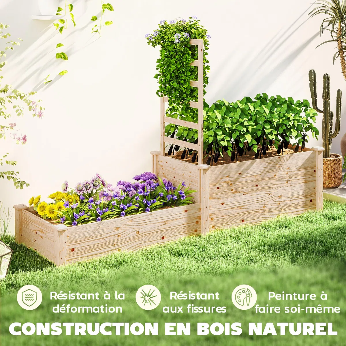 Outsunny Jardinière avec Treillis, lit surélevé de Jardin, jardinière extérieure à 2 bacs avec Fond Ouvert, bac à Fleurs en Bois pour Balcon terrasse Patio, 222 x 63 x 132 cm, Effet Bois Naturel
