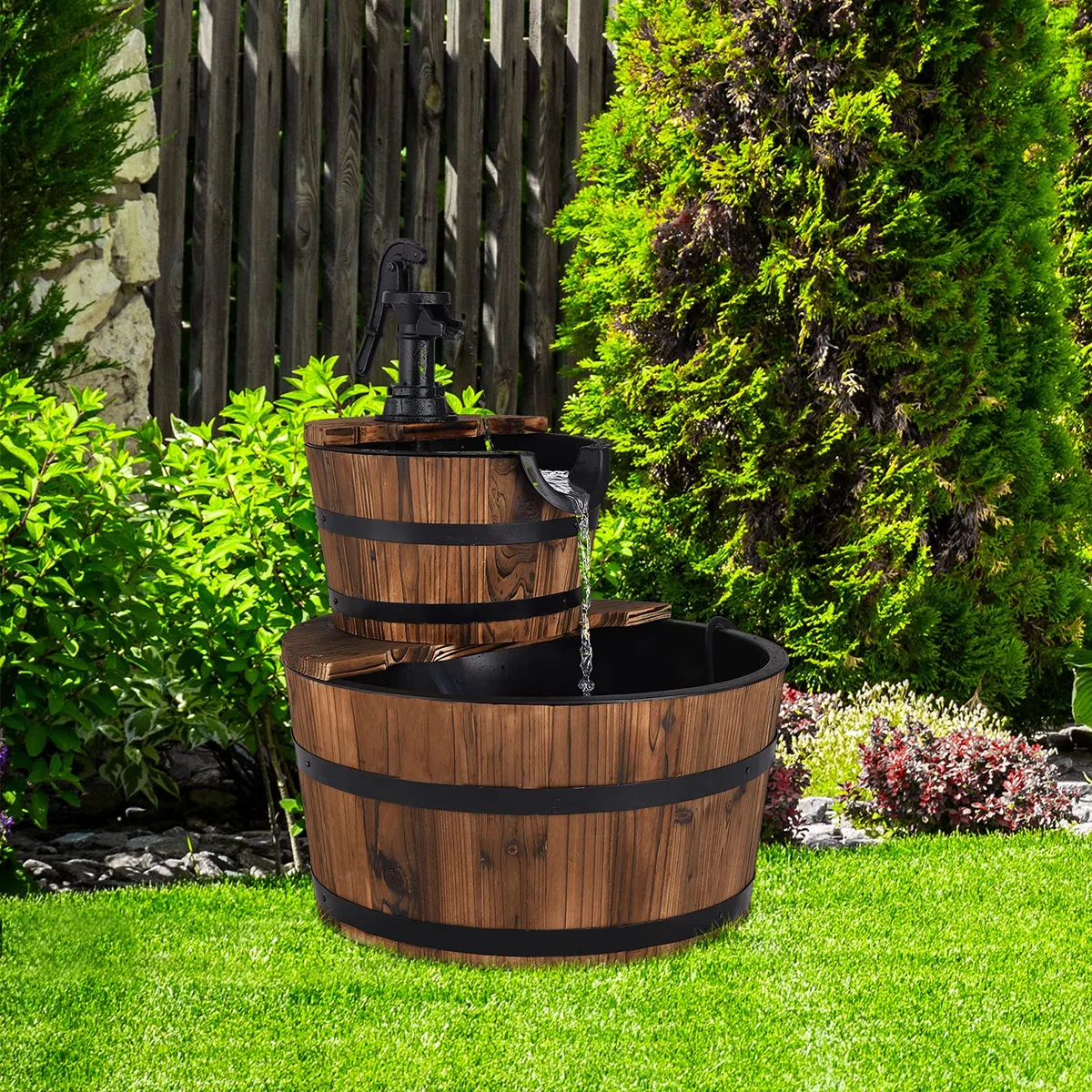 GOPLUS Fontaine à Eau à 2 Couches en Sapin Carbonisé, Écoulement d’Eau Ajustable, Fontaine Extérieure avec Pompe Manuelle Décorative, Idéal pour Jardin ou Cour, Marron Foncé