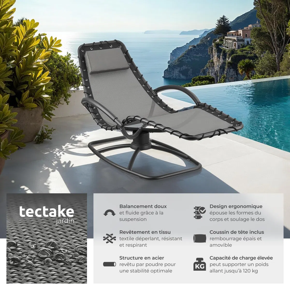 tectake® Chaise Longue Bain de Soleil Ergonomique et à Bascule Max. 120Kg, Imperméable, Transat Jardin Exterieur Relaxation Camping Salon de Jardin Exterieur Amenagement Balcon Terrasse Piscine Lounge