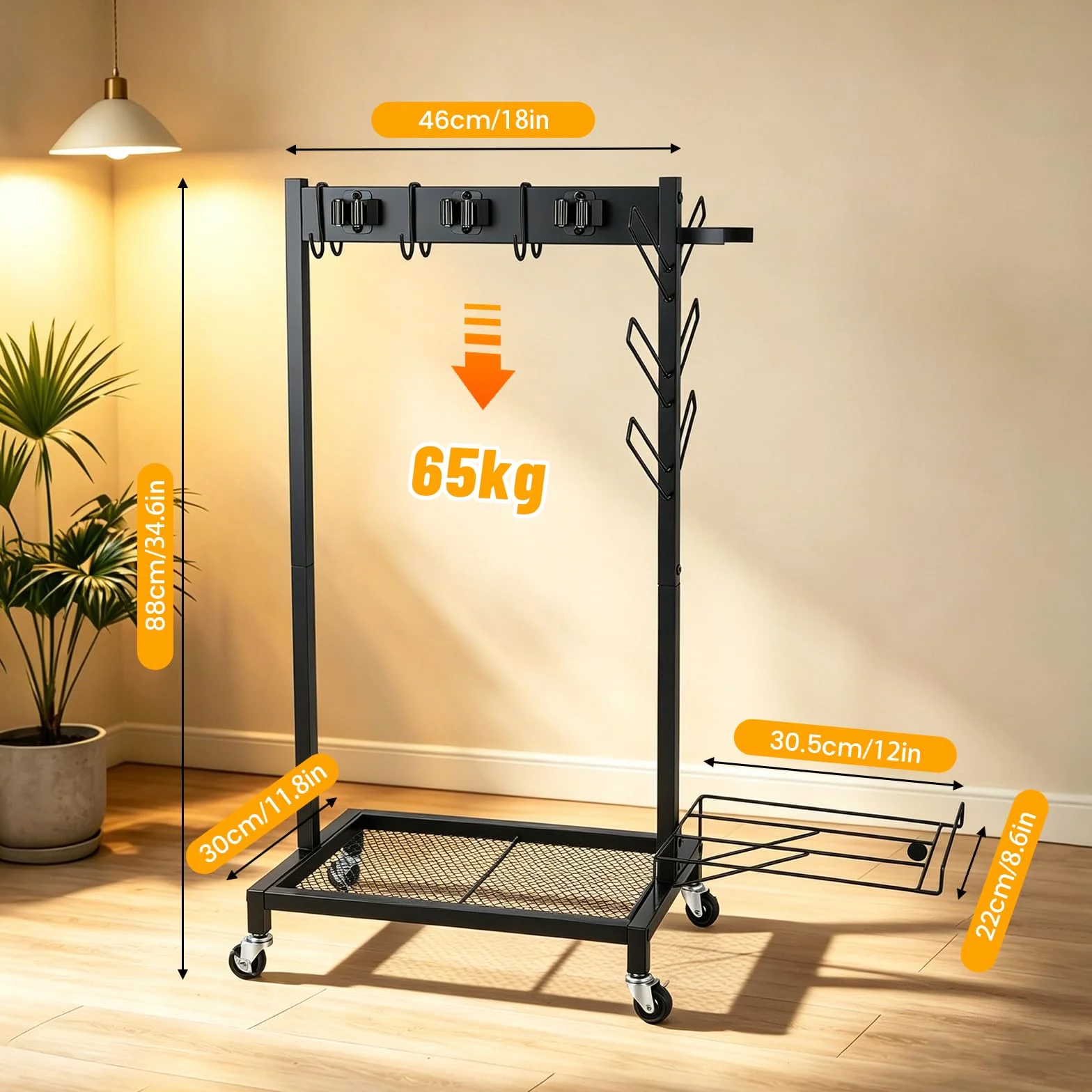 Chariot de Nettoyage, Porte Balai, avec 4 roulettes, 3 Crochets et 6 Emplacements, pour Outils de Jardin, avec Roue et Crochet, Support pour Outils Jardin, Étagère Rangement Nettoyage Mobile