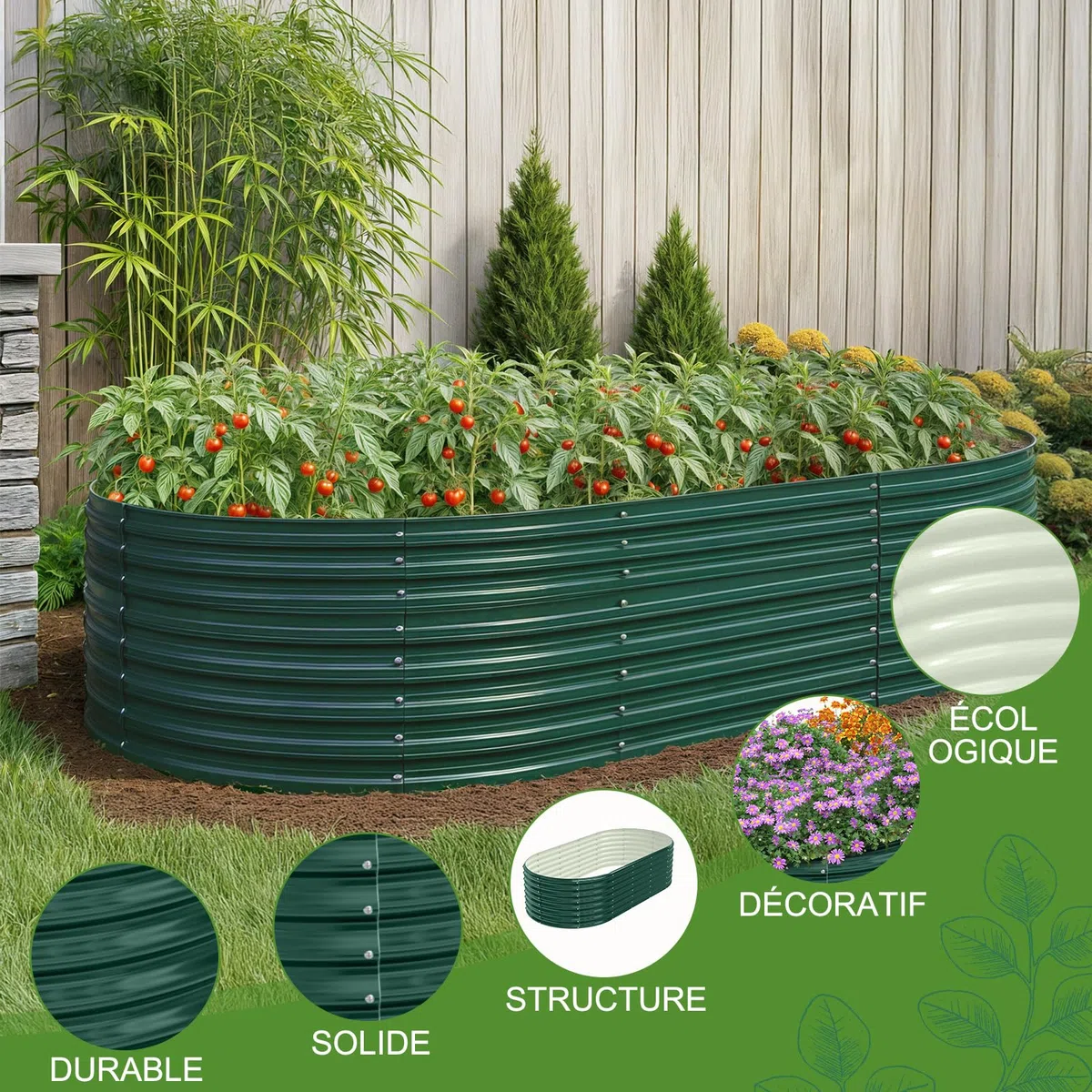 LEADZM Potager surélevé en métal 240x120x60 cm - Ensemble galvanisé avec Base Ouverte, Très Grande Surface de Plantation Carre Potager - pour légumes, Herbes, Fleurs - Vert foncé