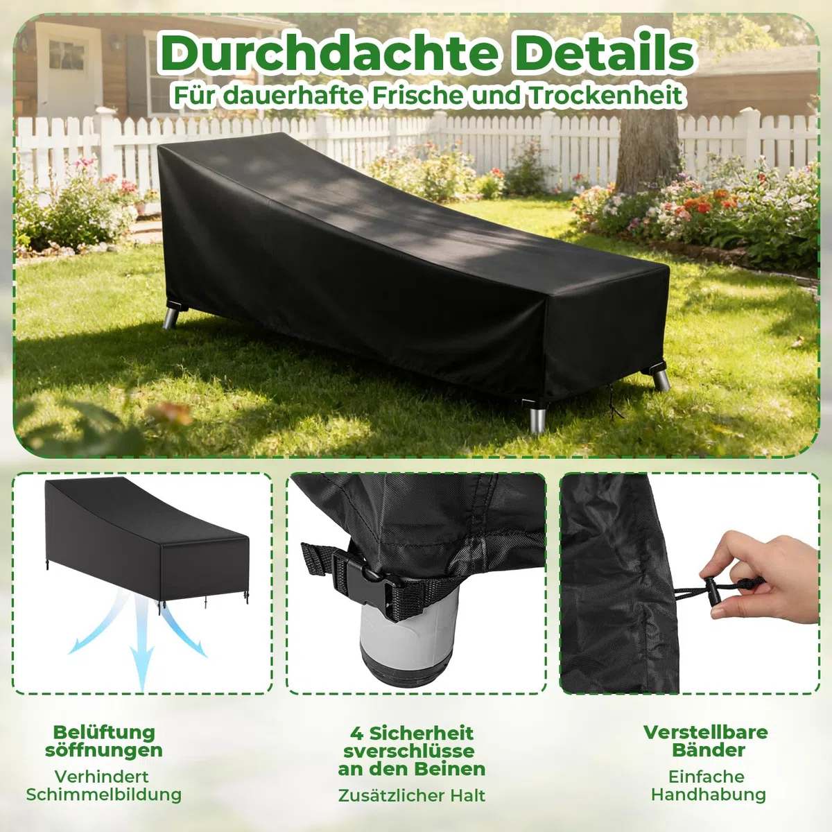Lot de 2 housses de protection pour chaise longue de jardin - 200 x 75 x 40/70 cm - Oxford 420D - Imperméable - Coupe-vent - Avec 4 boucles et cordon de serrage - Résistant aux UV - Pour