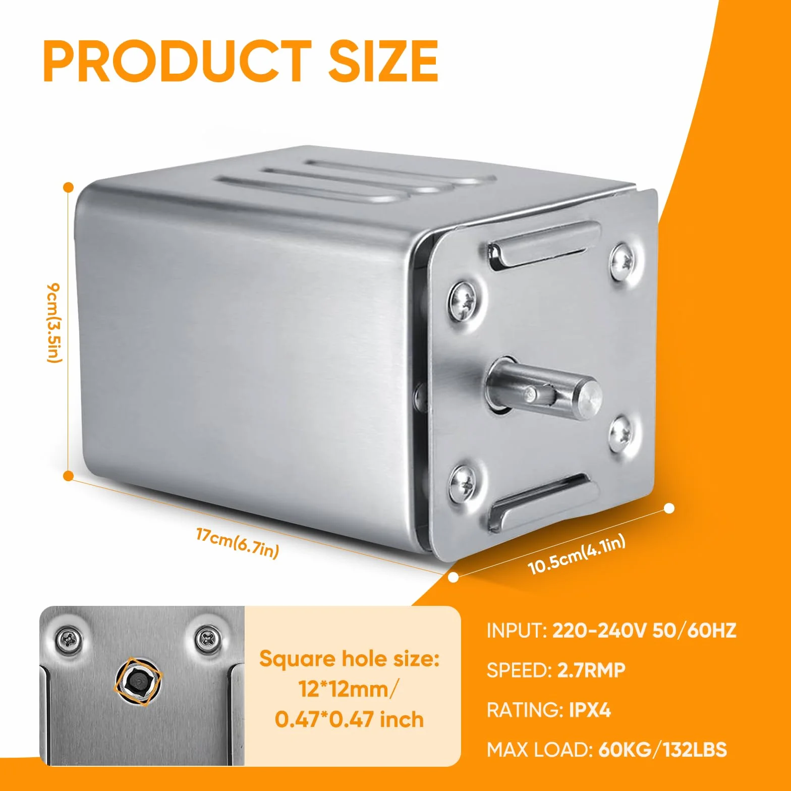 SP-S40 15W 60KG/132LBS Moteur électrique pour Barbecue en Acier Inoxydable, 2.7 RPM Moteur Professionnel pour Barbecue, Poulet, Porc, Chèvre grillée à l'extérieur