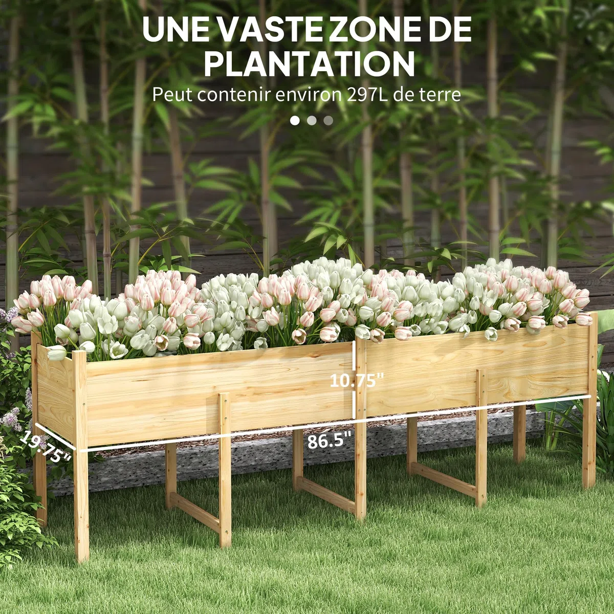 Outsunny Jardinière sur Pieds Inserts d'Irrigation 225x55x80cm Bois Naturel | Carré Potager de Jardin, Feutre de Drainage, Potager Surélevé en Bois, pour Fleurs, Herbes, Légumes