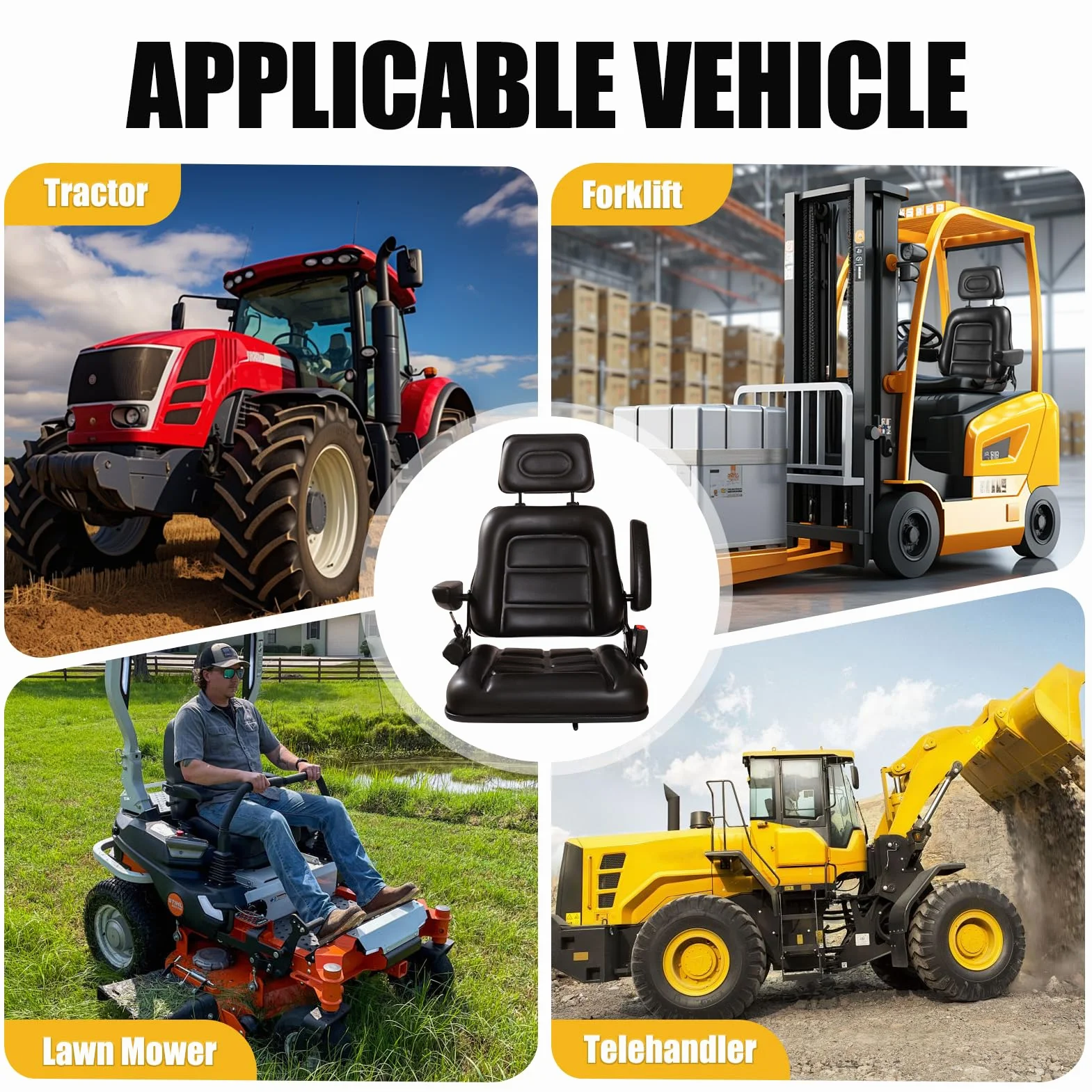 Siège universel pour chariot élévateur - Siège de tracteur avec bras et dossier réglable - Siège de tondeuse en polyuréthane étanche - Pour tracteur, pelleteuse, chariot élévateur, chargeuse