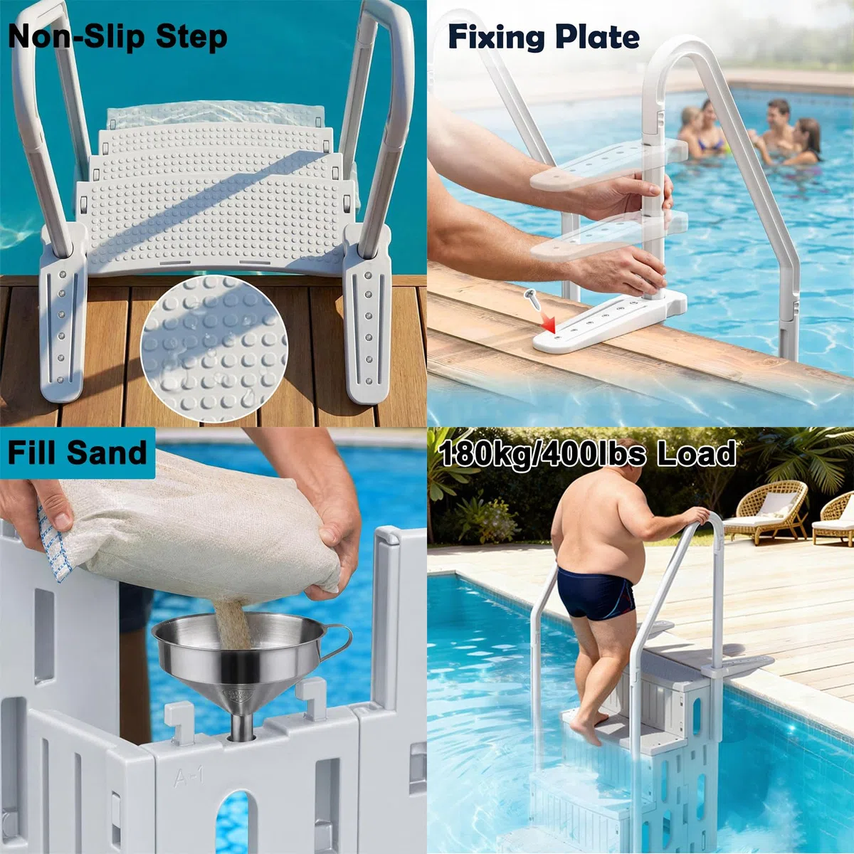 échelle de Piscine Hors Sol à pour Piscines de 116 à 152 cm | Accessoires de Piscine Antidérapants Comprenant Des Supports de Fixation pour Terrasse, Capacité de Charge de 180 kg