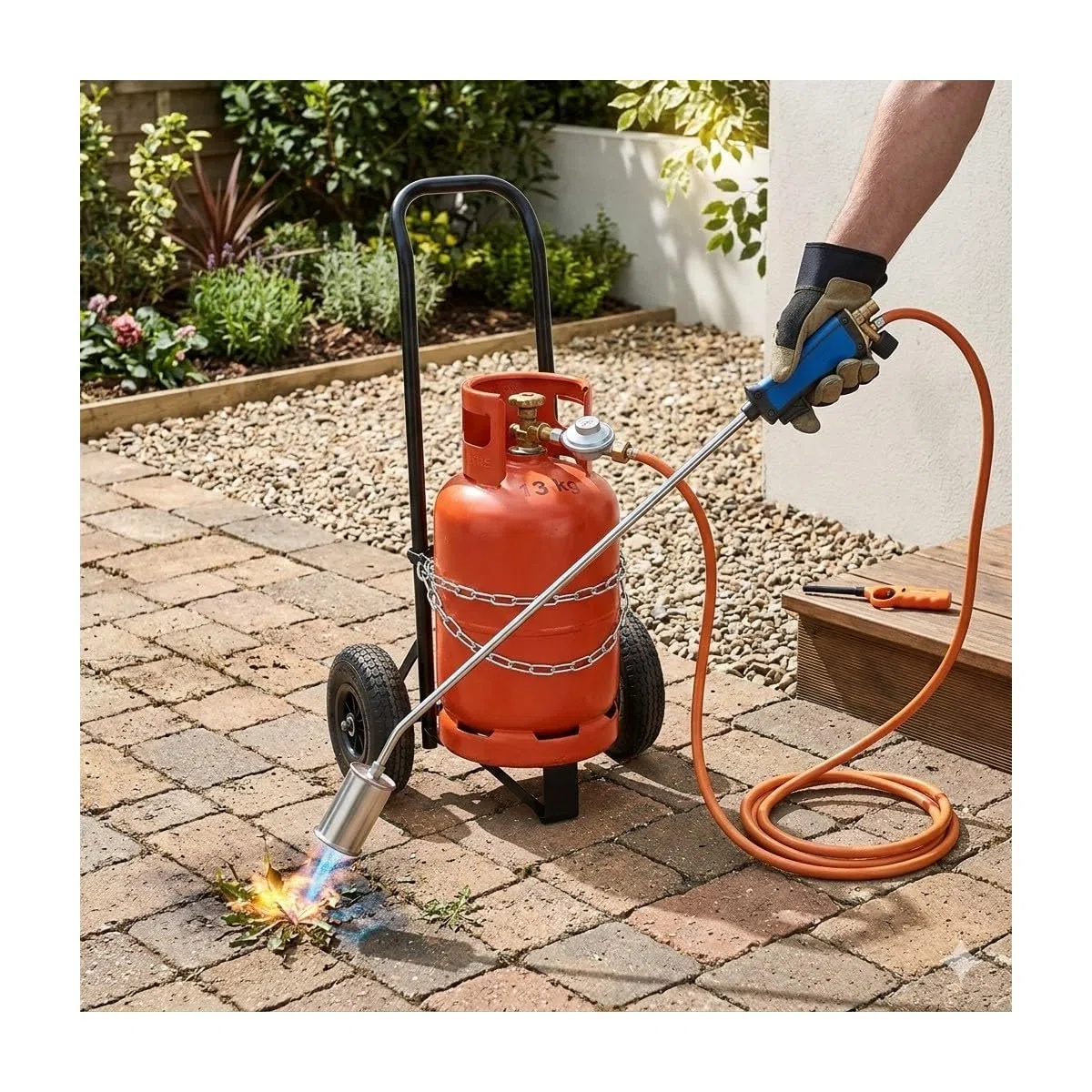 KEMPER - Desherbeur thermique + Chariot à roues pour bouteille gaz + Allume gaz + Détendeur Gaz Bruleur 60mm Tuyau 5m - Elimination des mauvaises herbes