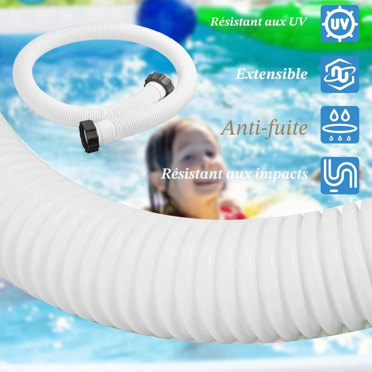 Lot de 2 tuyaux de piscine 38 mm, 150 cm, blanc, avec 2 adaptateurs B, tuyau pour pompe INTEX résistant aux UV et à l'eau chlorée