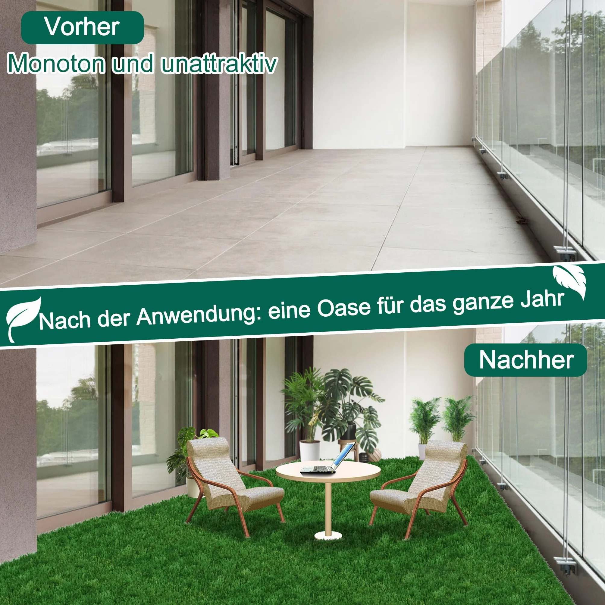 LZQ Lot de 22 tapis de gazon artificiel - 30 x 30 cm - Épaisseur totale : 4 cm - En plastique polyéthylène - Résistant aux UV - Pour jardin, balcon, pique-nique, moquette, extérieur