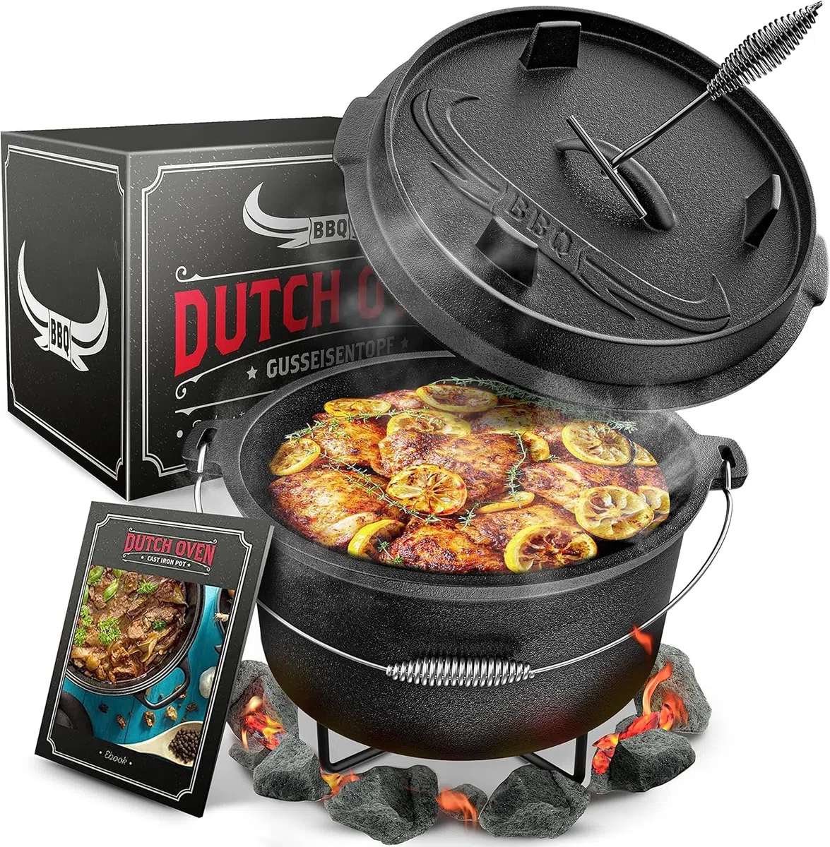 BBQ Dutch Oven - Set de cocotte hollandaise [9 l] – Compatible induction – Avec support – Marmite en fonte – Avec lève-couvercle et e-book (français non garanti)