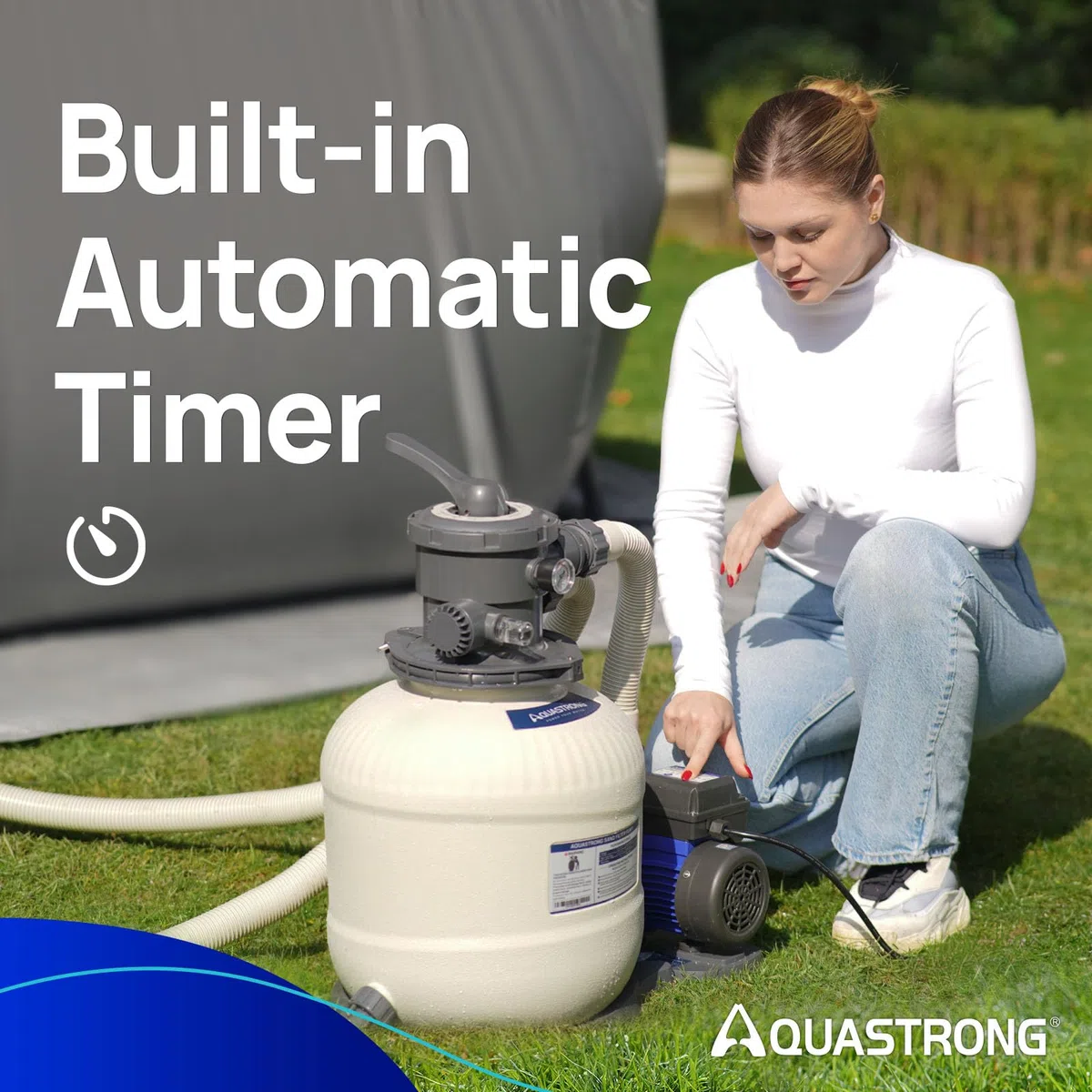 AQUASTRONG Pompe de filtre à sable de 35,6 cm pour piscine hors sol avec minuterie, pompes de piscine hors-sol 2/3 HP 3000 GPH pour piscines jusqu'à 13 000 gall, filtre de piscine avec valve à 6 voies