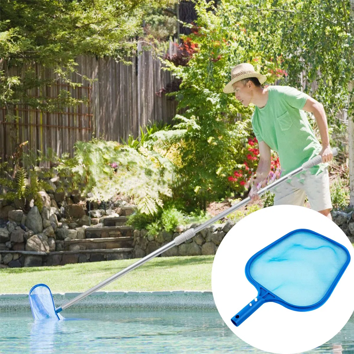 Épuisette de Piscine avec Manche télescopique, Filet à épuisette et râteau pour Le Nettoyage de la Surface des piscines, élimination Rapide des débris et des Feuilles (Brosse Incluse).