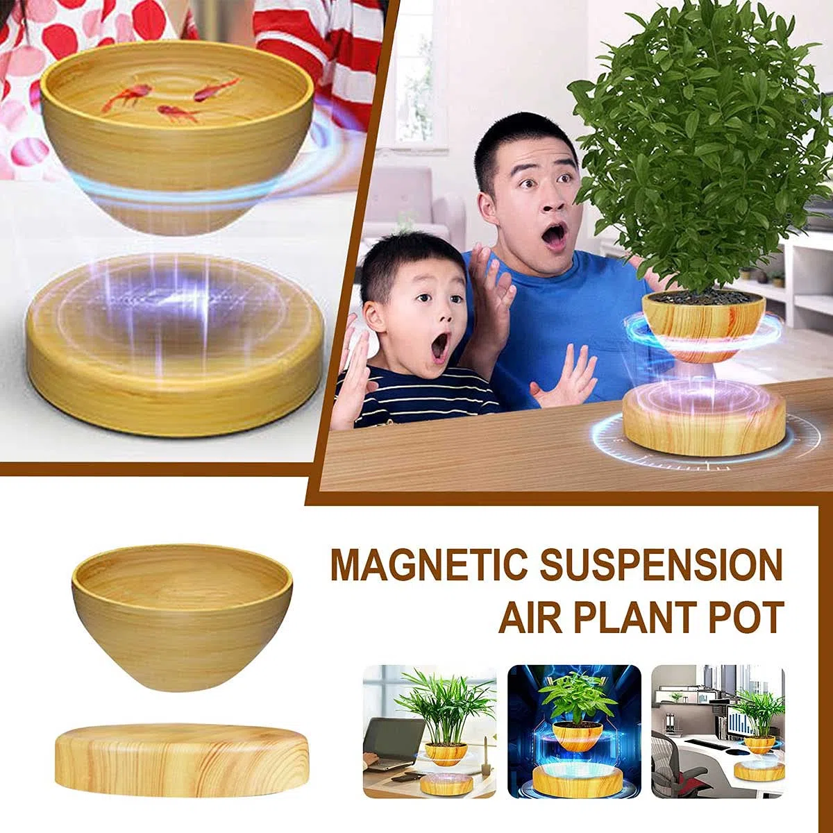 Pot De Bonsaïs À Air en Lévitation Plateau pour Plantes De Maison, 360 Degrés Pot De Bonsaï Flottant À Lévitation Magnétique Grain De Bois Pot De Fleurs Flottant pour Cadeau De Vacances