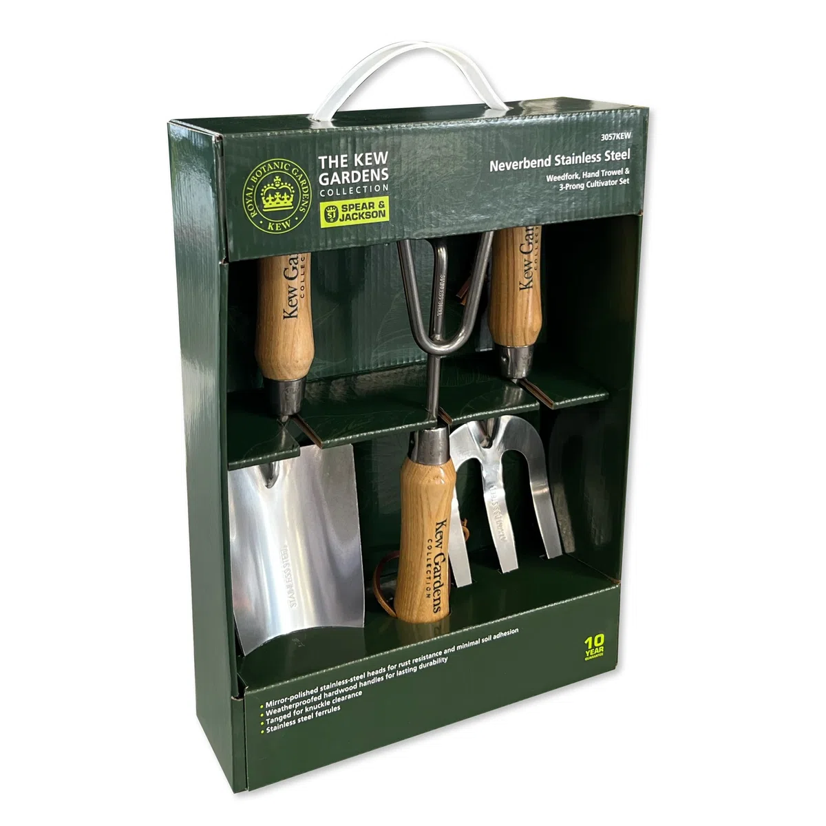 Spear & Jackson 3057KEW Coffret Cadeau d’Outils de Jardin Kew Gardens – 3 pièces – transplantoir, Fourche à désherber et cultivateur avec Manches en Bois FSC et têtes en Acier Inoxydable Poli Miroir