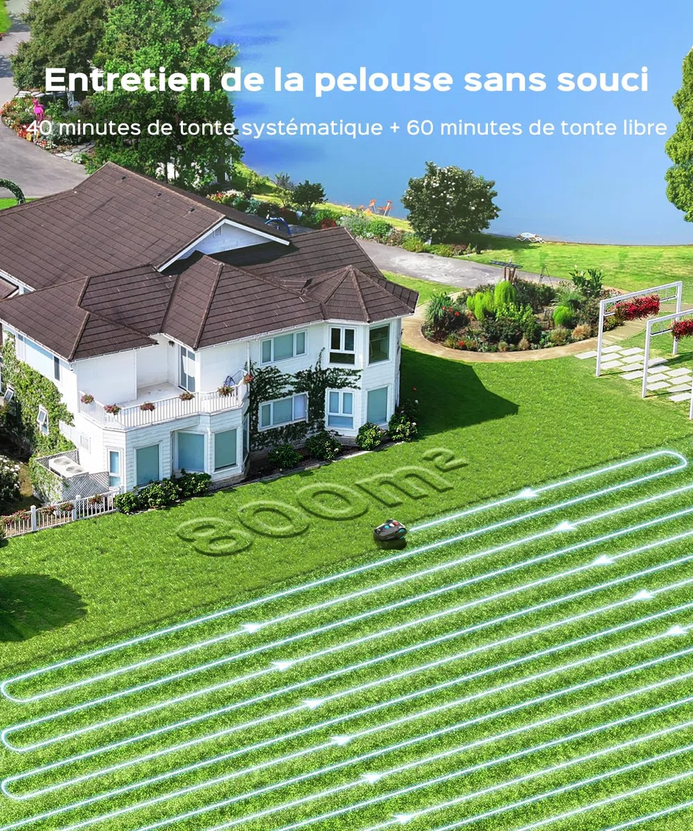 YARDCARE M800Plus Robot Tondeuse sans Fil Périphérique, Jusqu’à 800 m², Coupe en U, GPS + Vision IA, Contrôle Via App, Évitement de 150 Obstacles（Noir et Bleu）