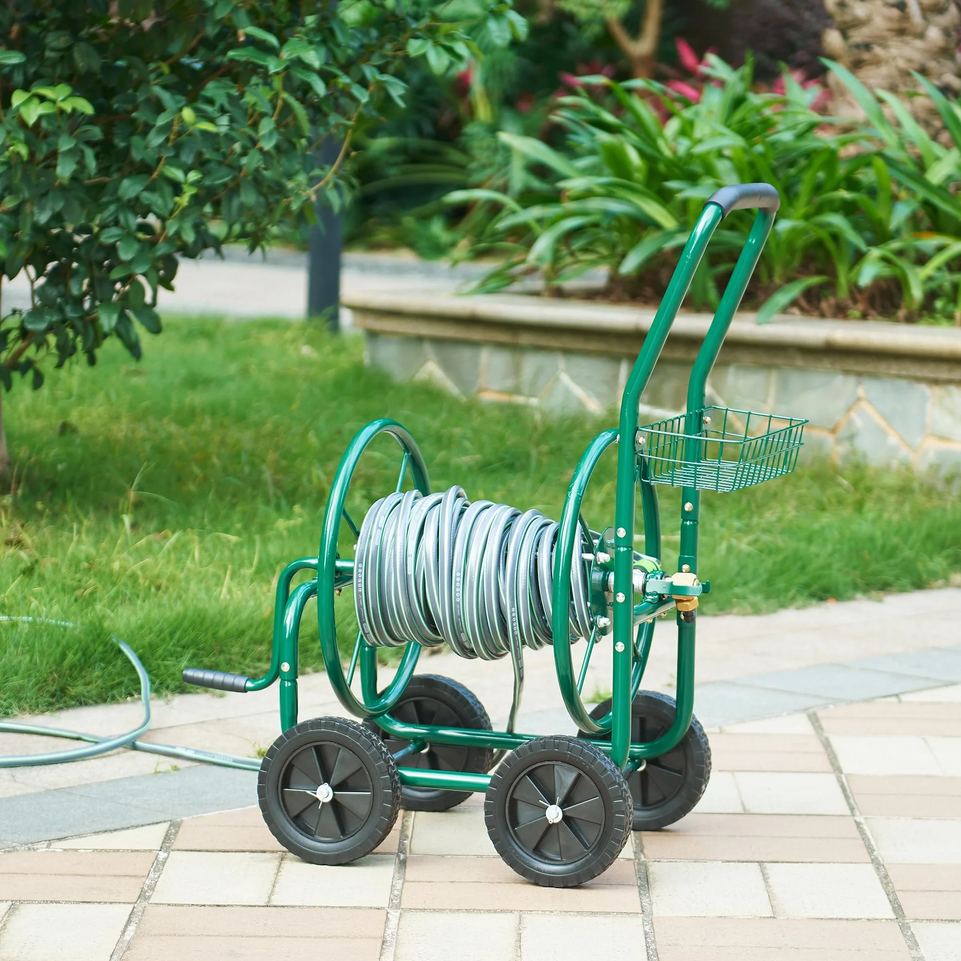 pro.tec Enrouleur de Tuyau de Jardin pour Tuyau 3/4 Pouce jusqu'à 70 m avec 4 Roues et Poignée Enroulable avec Manivelle Mtal PP PU 86 x 44 x 95 cm Vert Noir