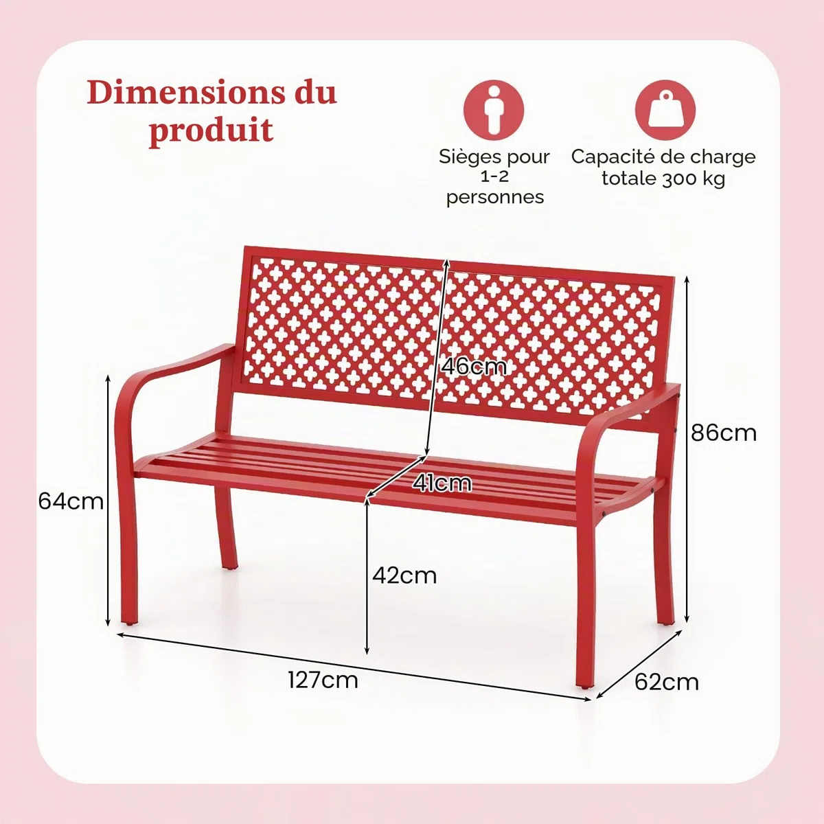 KOMFOTTEU Banc de jardin 2 places, banc d'extérieur avec accoudoirs, charge 300 kg, banc de jardin vintage en métal, pour cour, parc, terrasse, 127 x 62 x 86 cm (rouge)