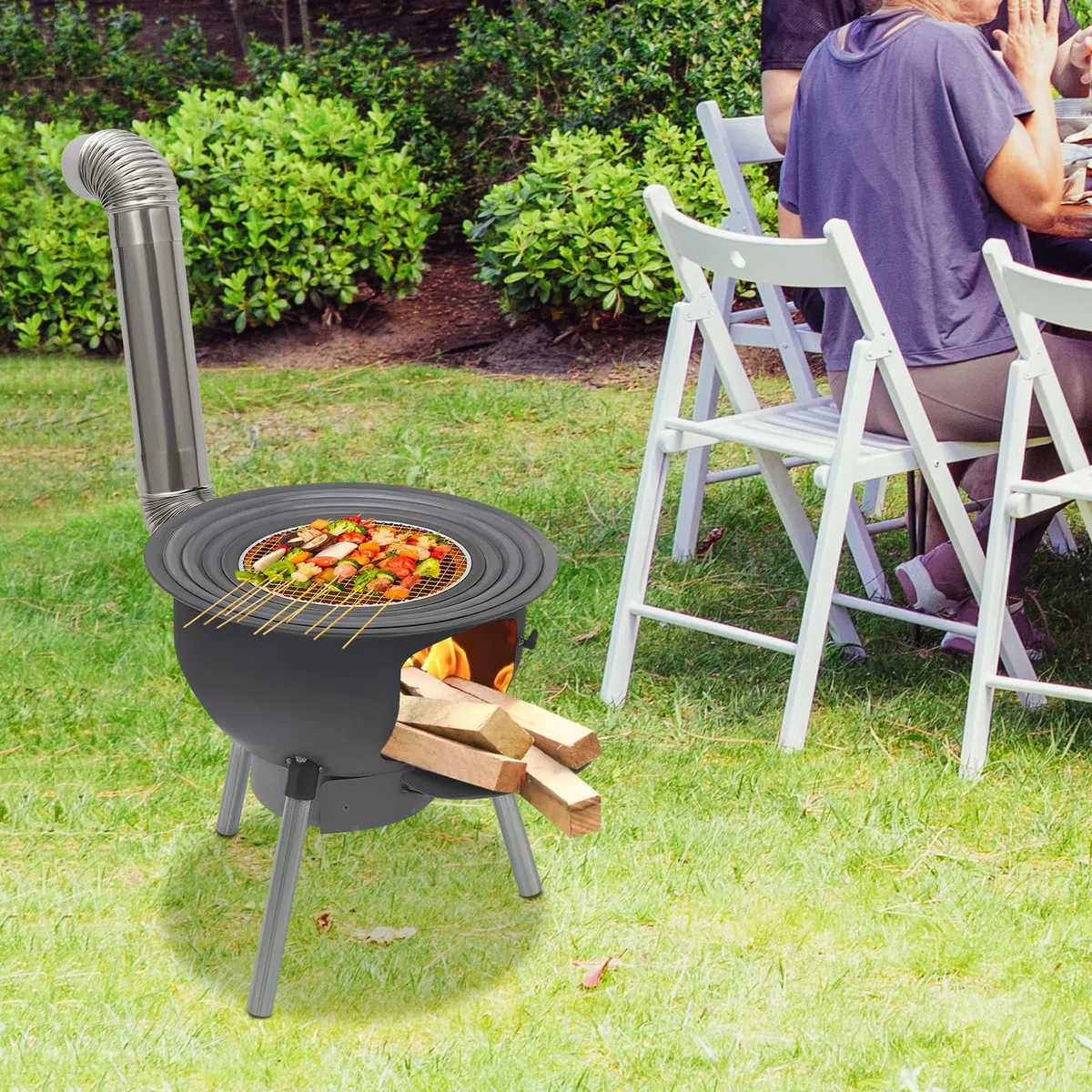 Poêle à bois portable avec anneaux de cuisson 3/4 et bac à cendres - Pieds amovibles - Four en tôle d'acier robuste avec ventilation et cheminée - Pour camping, pique-nique et cuisine en plein air