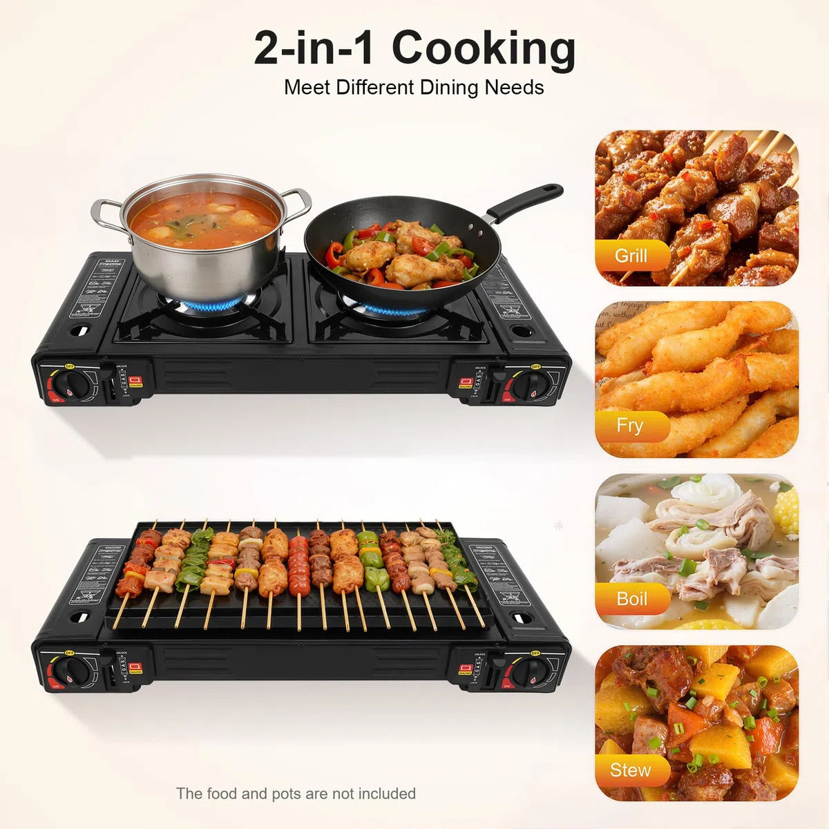 Réchaud à gaz 2 brûleurs 2 x 2500 W - Réchaud à gaz portable avec plaque de cuisson antiadhésive et valve de protection contre la surpression intégrée - Réchaud d'extérieur multifonction et stable