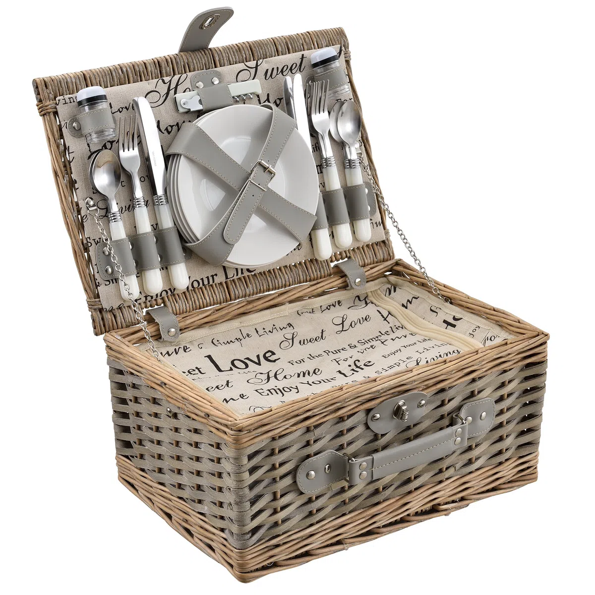 Panier de Pique-Nique pour 4 Personnes INCL. Vaisselle, Couverts, Sac Isotherme et Verres - Gris