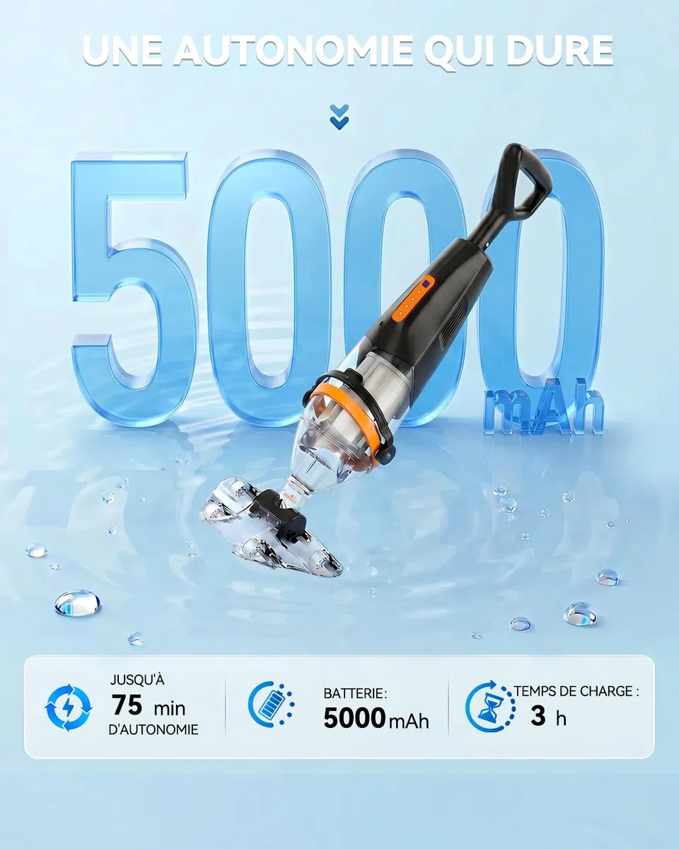 Aspirateur de Piscine sans Fil avec Télécommande sans Fil, Aspirateur Piscine Hors Sol 4200 L/H, 75 Min d'Autonomie, Bac Rigide, Longueur Maximale 235 cm, Adapté aux Piscines et Spas