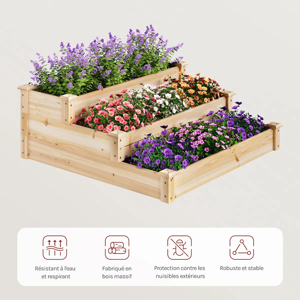 WOLTU Carré Potager à 3 Niveaux, Jardinière Surélevée en Bois, Design en Escalier, avec Fond Ouvert, 92x92x35 cm, pour Terrasse, Balcon, Jardin ou Cour