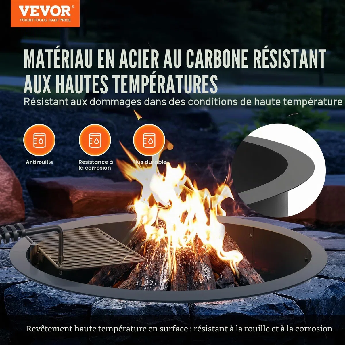 VEVOR Anneau de foyer avec gril de barbecue, diamètre extérieur 1016 mm diamètre intérieur 914,4 mm hauteur 215,9 mm, doublure en acier au carbone, anneau de feu de camp au-dessus ou sol, pour camping