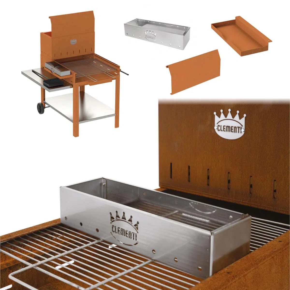 Barbecue à bois en acier Corten pour Serial Griller, Flipper avec grille en acier inoxydable, Super Flipper avec accessoires (Flipper complet avec accessoires)