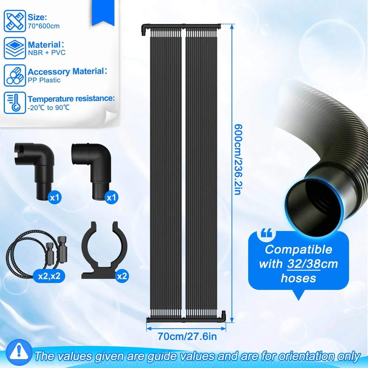 Panneau solaire pour piscine - Noir - 600 x 70 cm - Panneau solaire extensible - Chauffage d'étang - 4,2 m² - Tapis solaire pour piscines et eau chaude