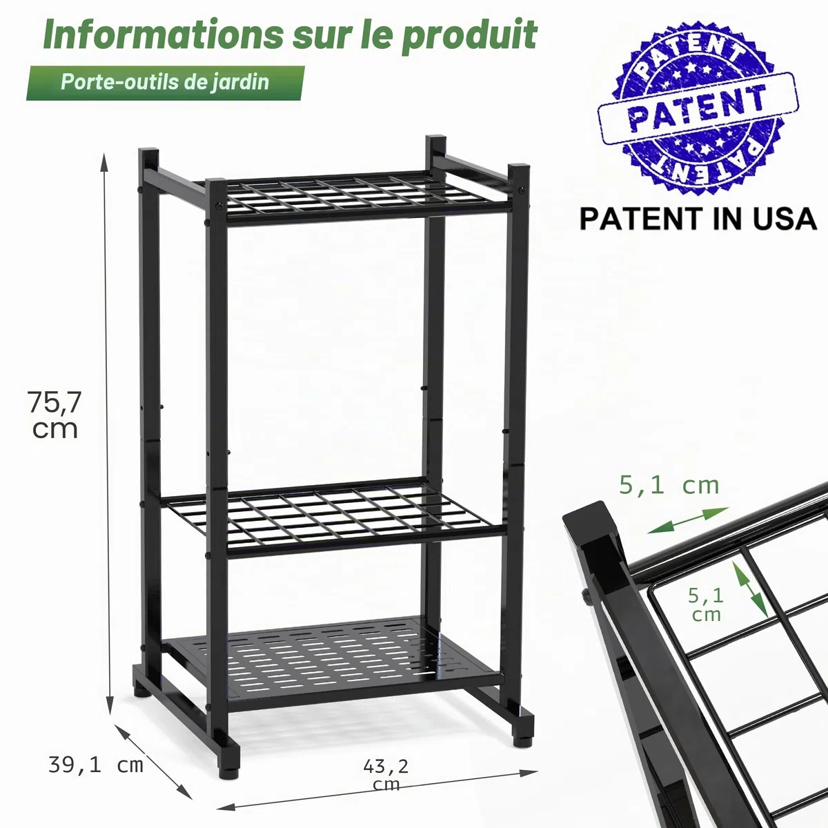 Organiseur outil de jardin et tour robuste pour l'organisation et le rangement du garage, jusqu'à 35 outils à long manche, râteaux/balais