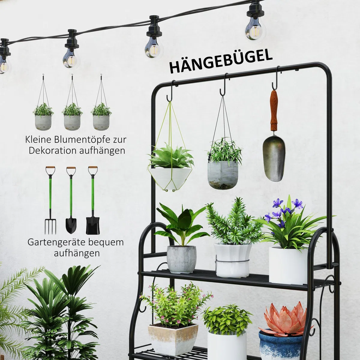 Outsunny Étagère à fleurs 3 niveaux pour Intérieur Extérieur Métal Noir | Support de Plantes, Tige de Suspension, 3 Crochets, pour Balcon, Salon, Chambre, Jardin