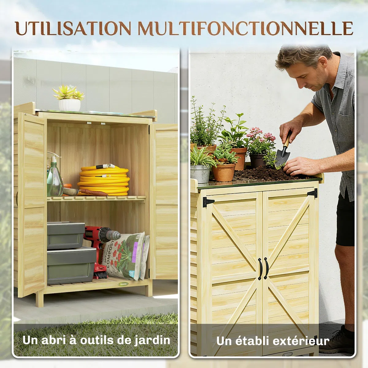 Outsunny Armoire de Jardin en Bois, Armoire extérieure de Rangement avec étagère et Crochets, Plan de Travail en métal galvanisé, Table de rempotage pour Balcon et terrasse 71,5x39x95 cm Bois Naturel