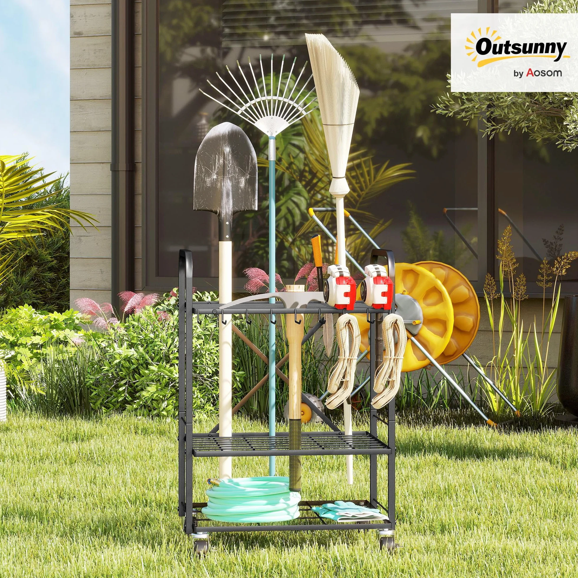 Outsunny Organisateur d'outils de Jardin avec 9 Crochets, Support à Outils de Jardin 40 Compartiments, Porte-Outils de Garage en métal sur roulettes pour sécateurs, pelles, râteaux, Noir